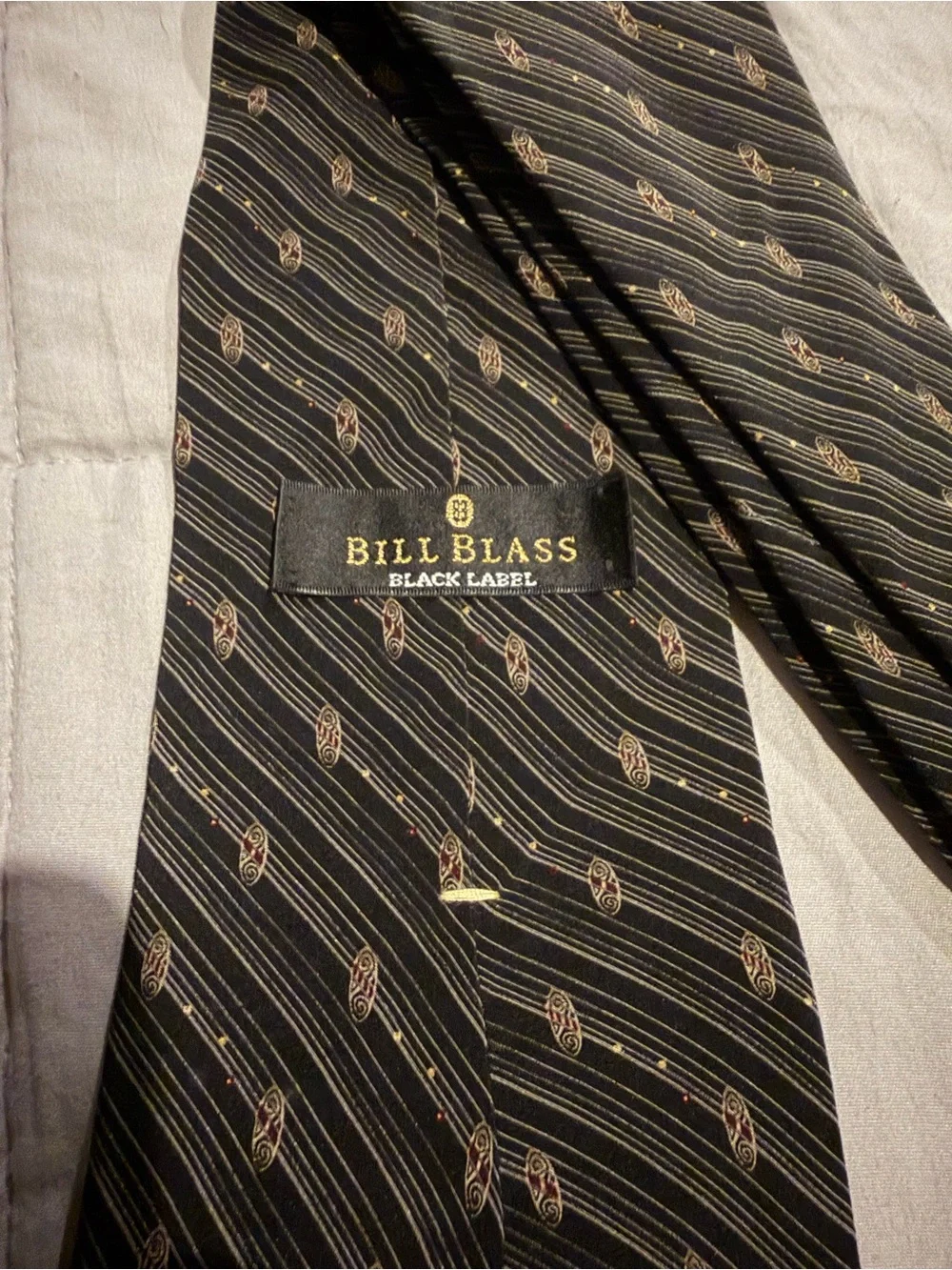 bill blass Black Silk Tie with Subtle Tan Stripe Pattern
